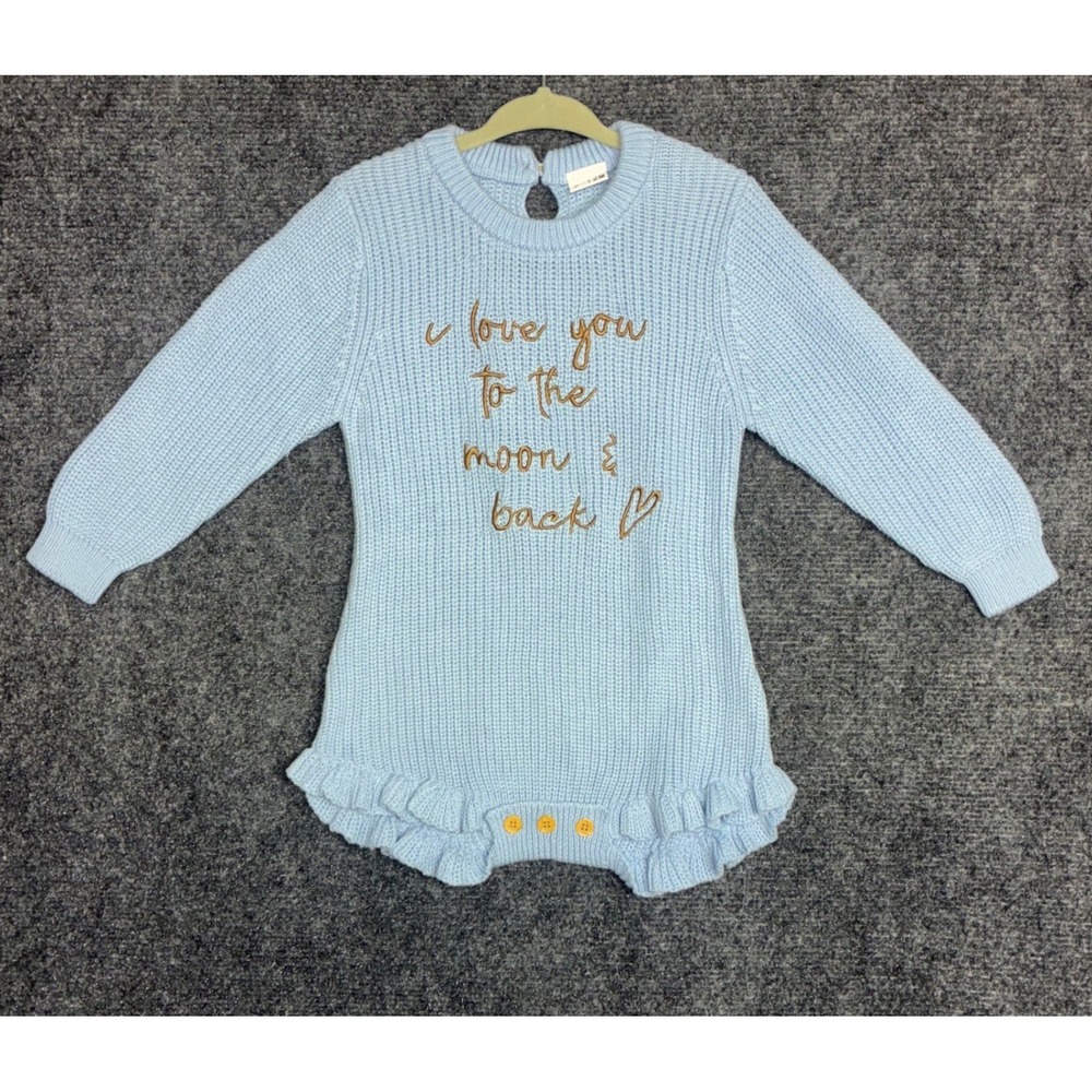 Baby Girl Knit Sweater Romper Light Blue 9-12M I Love You To The Moon Cottage